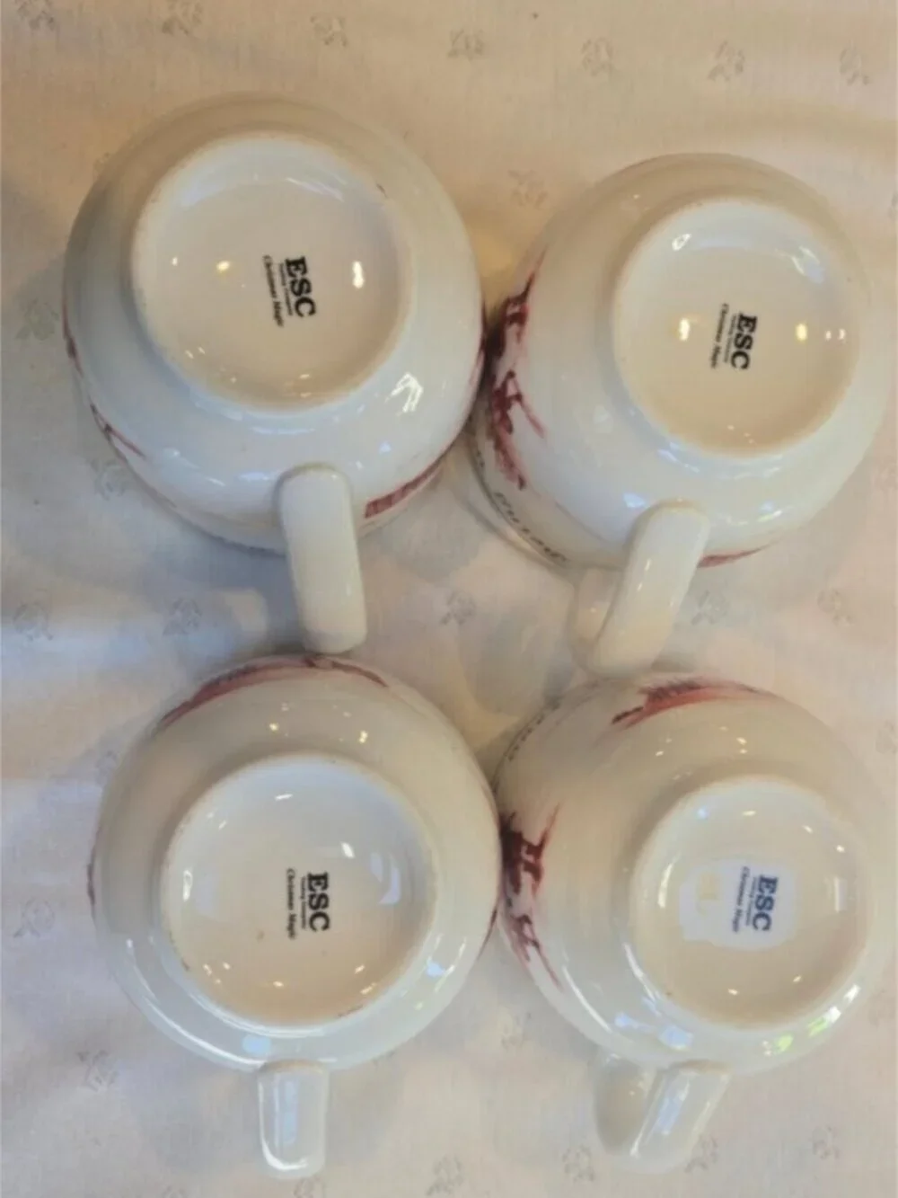 Set of 4 Holiday White Ceramic Mugs with Red Christmas Graphic